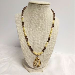 Yellow pearls, faceted smoked quartz & faceted Ryolite pendant